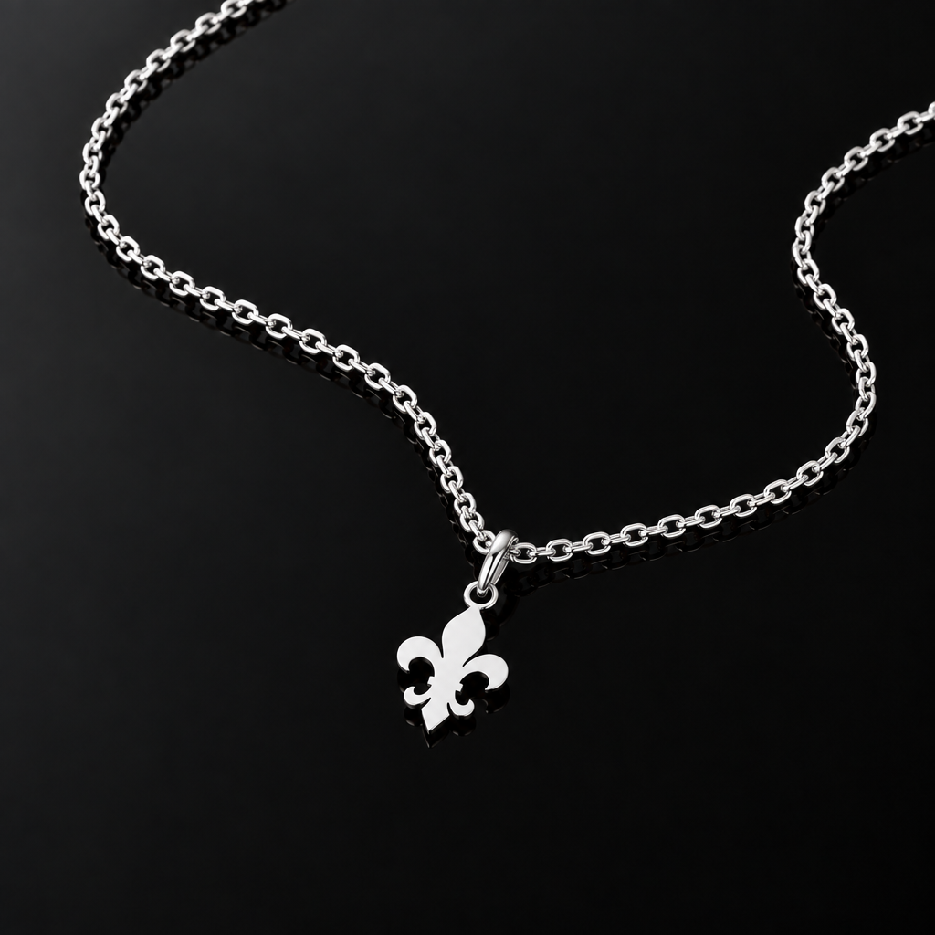 Srebrna ogrlica s ravnim privjeskom fleur-de-lis na crnoj podlozi